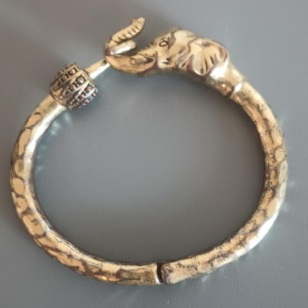 Lucky Brand Hammered Brass Elephant Bangle Bracelet Gold Silver Boho Clasp